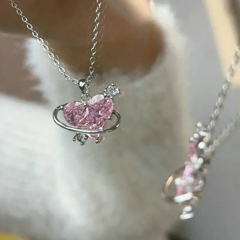 Heart Pendant Pink Crystal Necklace For Women Girl