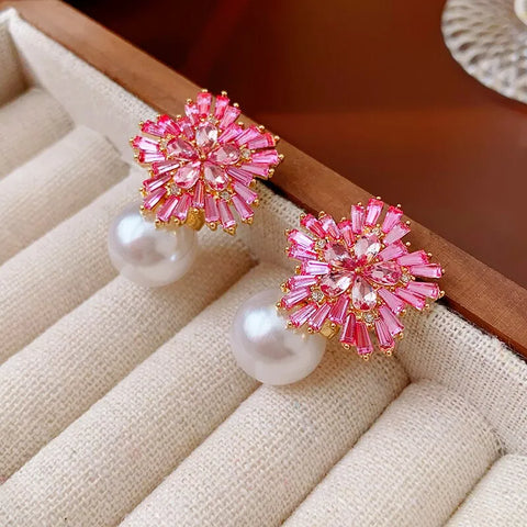 Light Luxury Imitation Pearl Earrings Women Fashion Zircon Crystal  Stud
