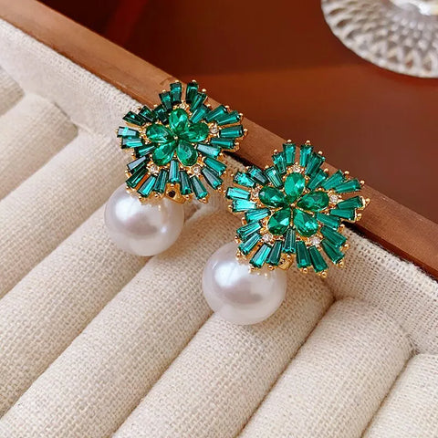 Light Luxury Imitation Pearl Earrings Women Fashion Zircon Crystal  Stud
